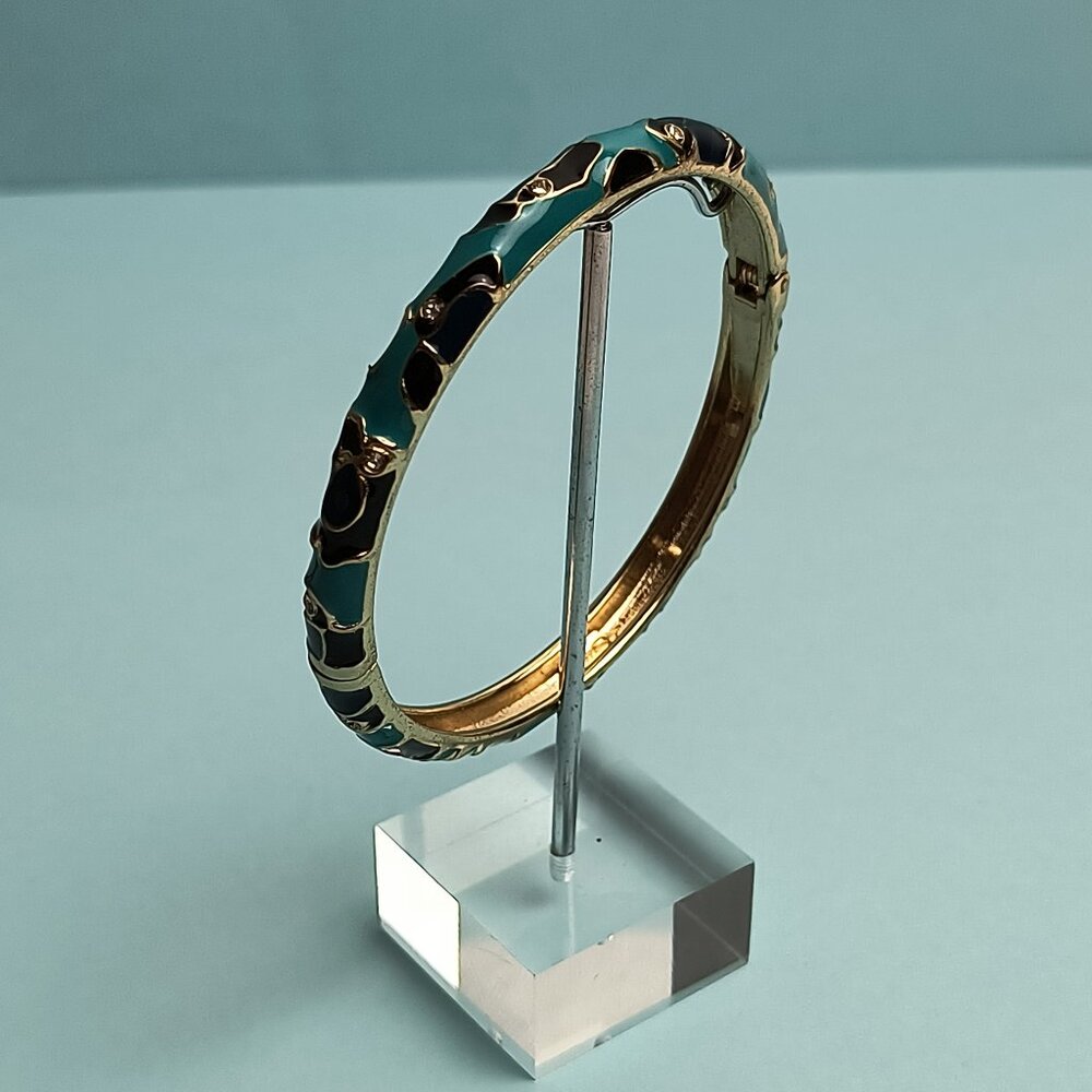 NORDSTROM Sequin Enamel Hinge Bangle Bracelet Clamper Teal Blue Multi Gold Tone